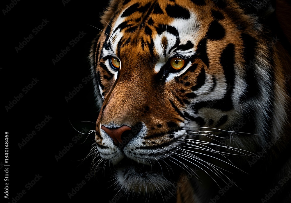 Fototapeta premium Close-up of a tiger's face, showcasing its intense gaze. Generative Ai