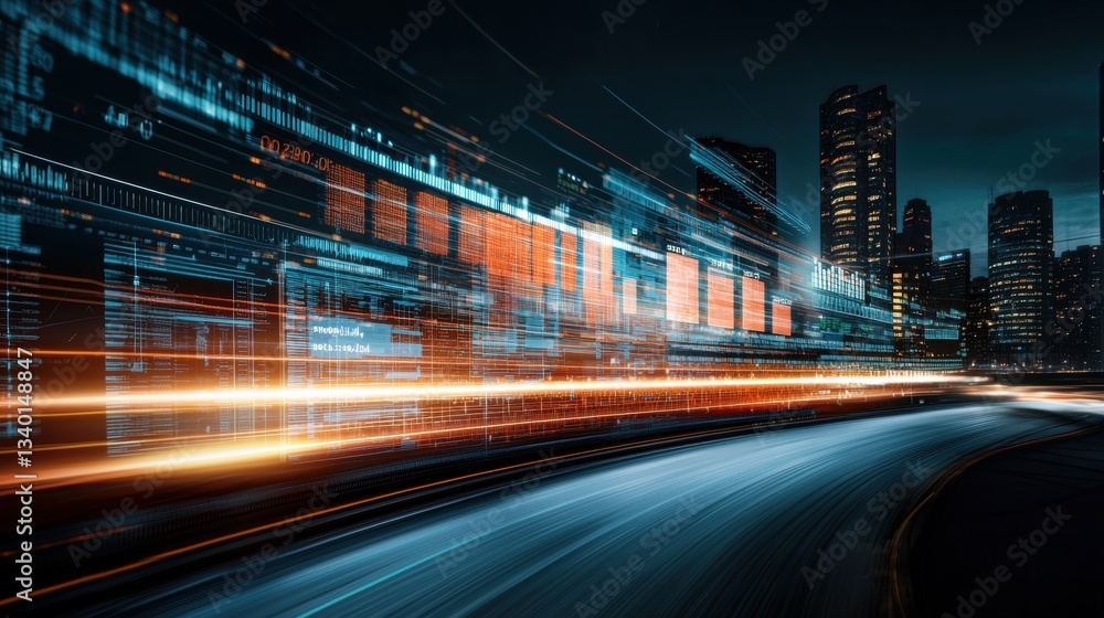Dynamic cityscape with light trails and skyscrapers. Dynamic cityscape with light trails and skyscrapers.
