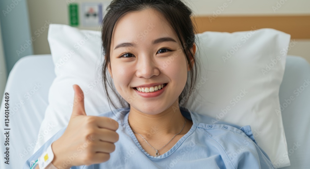 Happy patient giving thumbs up in hospital bed for positive healthcare experience Happy patient giving thumbs up in hospital bed for positive healthcare experience
