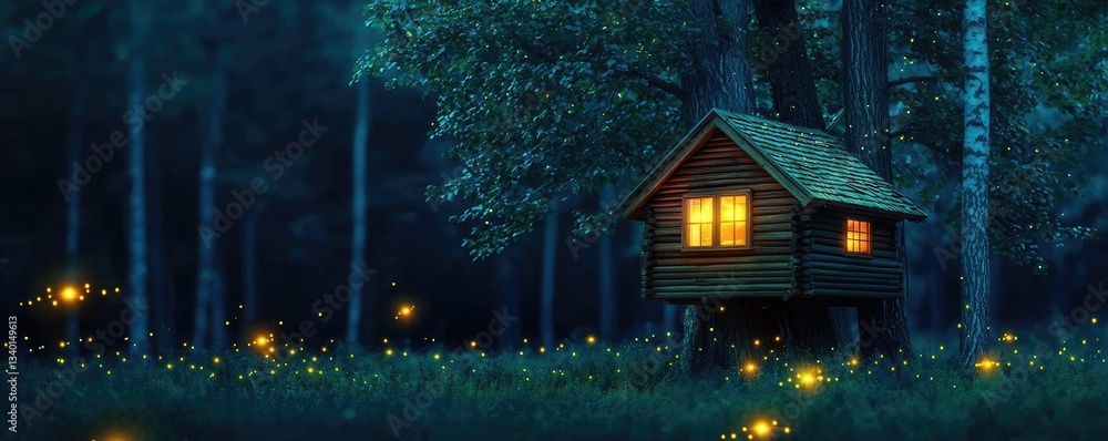 Obraz premium Treehouse in the woods landscapes idea. A cozy wooden cabin illuminated at night, surrounded by enchanting fireflies in the forest.