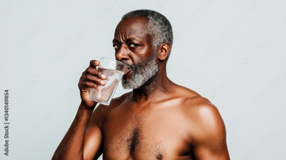 Fototapeta premium Man drinking from a clear glass in a studio setting