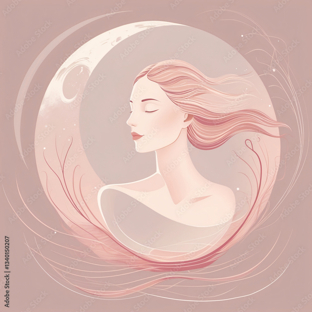 Creative abstract art of a graceful woman with celestial moon and waves in soft muted peach pastel pink hues artistic beauty Abstract Woman Illustration Flat Design Creative abstract art of a graceful woman with celestial moon and waves in soft muted peach pastel pink hues artistic beauty Abstract Woman Illustration Flat Design