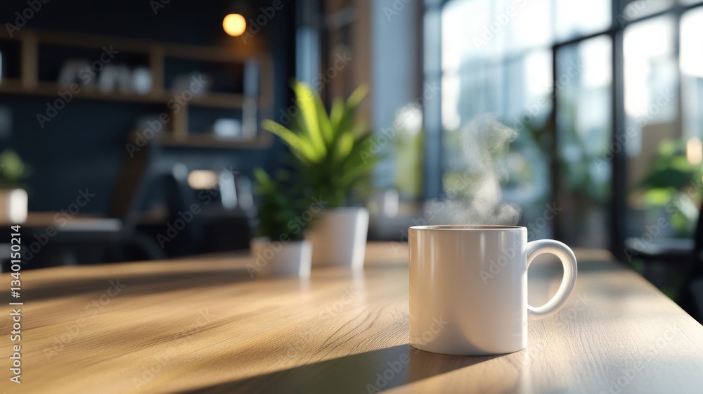 A steaming white coffee mug sits on a wooden table A steaming white coffee mug sits on a wooden table