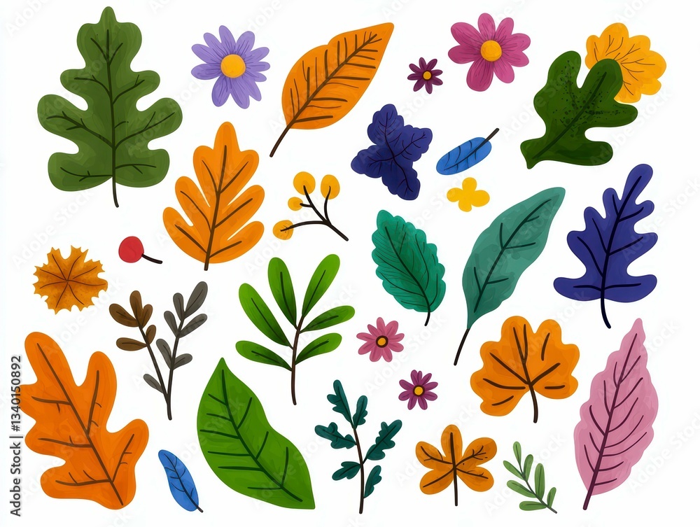 Fototapeta premium A vibrant, hand-drawn illustration featuring a variety of colorful flowers, leaves, and branches in different shapes and sizes.