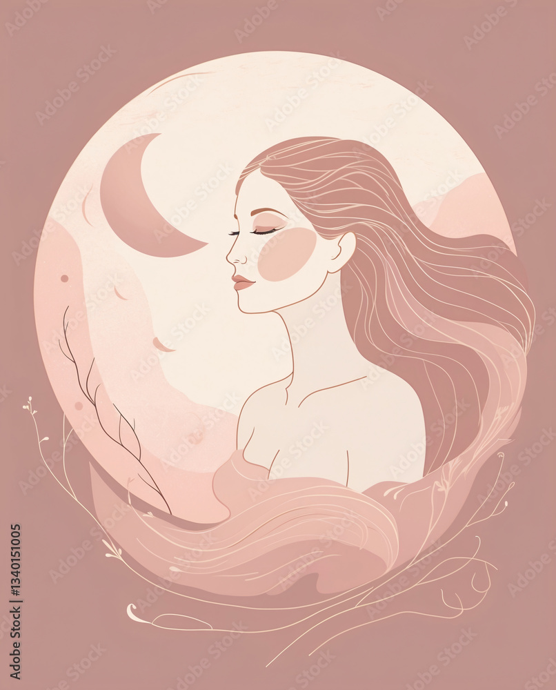 Delicate hand drawn abstract painting of a graceful woman with moon and wave elements in soft muted peach pastel pink Abstract Woman Illustration Flat Design Delicate hand drawn abstract painting of a graceful woman with moon and wave elements in soft muted peach pastel pink Abstract Woman Illustration Flat Design