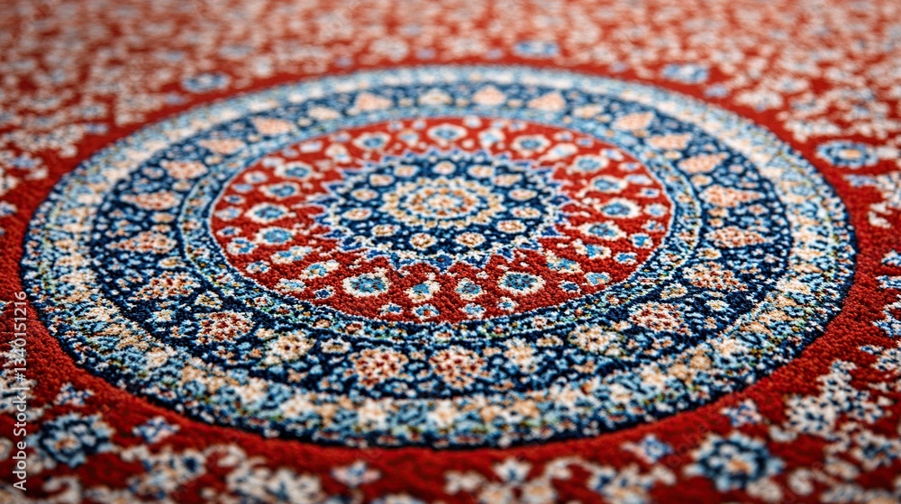 Detailed close-up of a vibrant, intricate rug with circular patterns Detailed close-up of a vibrant, intricate rug with circular patterns