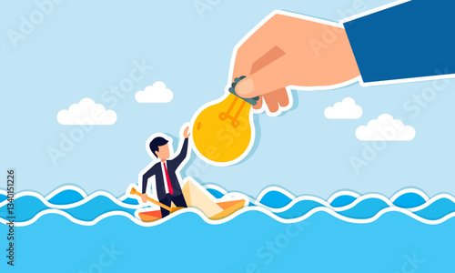 A hand provides a light bulb to a businessman on a sinking paper boat, illustration of idea support from other entrepreneurs to avoid bankruptcy