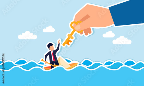 A hand provides a key to a businessman on a sinking paper boat, illustration of advice from other entrepreneurs to avoid bankruptcy