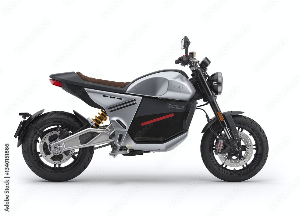 Obraz premium Spotlighting the modern electric motorcycle design, showcasing its sleek silver and black aesthetics, a new era of eco-friendly transportation that blends cutting-edge technology with classic motorcyc