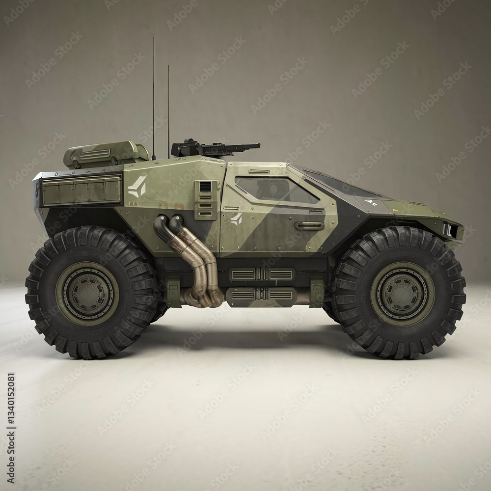 Fototapeta premium A meticulously detailed 3D render showcases a futuristic armored personnel carrier designed for a dystopian military scenario, featuring robust all-terrain tires, a stealthy camouflage pattern, and au