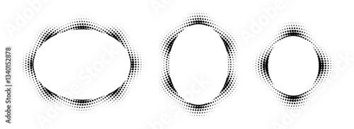 Black halftone ellipse frame set. Oval dotted gradient border collection. Pop art comic dot picture holders for banner template, copy space, emblem, poster element. Vector rasterized framing back