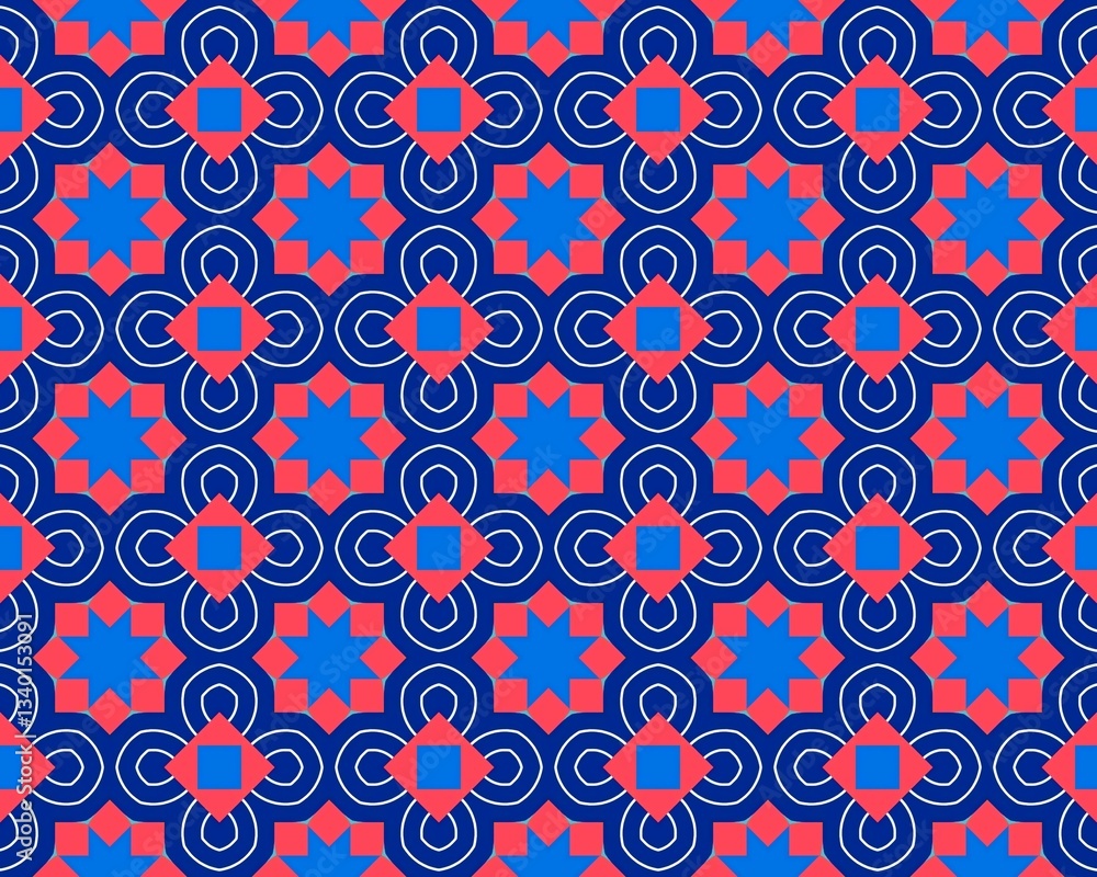 This seamless pattern showcases intricate geometric designs in bold blue, pink, and red tones, ideal for various fabric applications This seamless pattern showcases intricate geometric designs in bold blue, pink, and red tones, ideal for various fabric applications