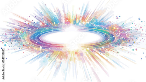 The image is a digital illustration depicting a vibrant, multicolored burst of light emanating from a central, elliptical white space.  The burst consists of radiating lines and particles in