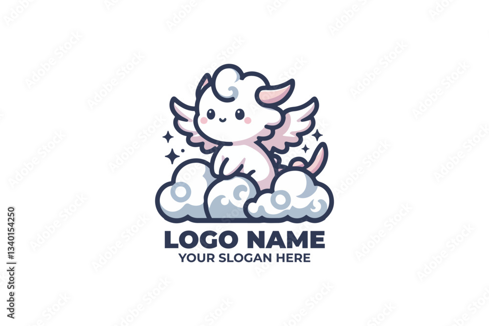 Fototapeta premium chibi style logo featuring a small, round dragon with fluffy cloud