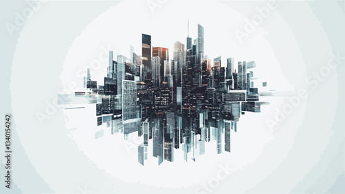 The image is a digital illustration depicting an abstract cityscape.  The composition is a stylized representation of a city, with various building forms rendered in shades of grey, blue, and muted