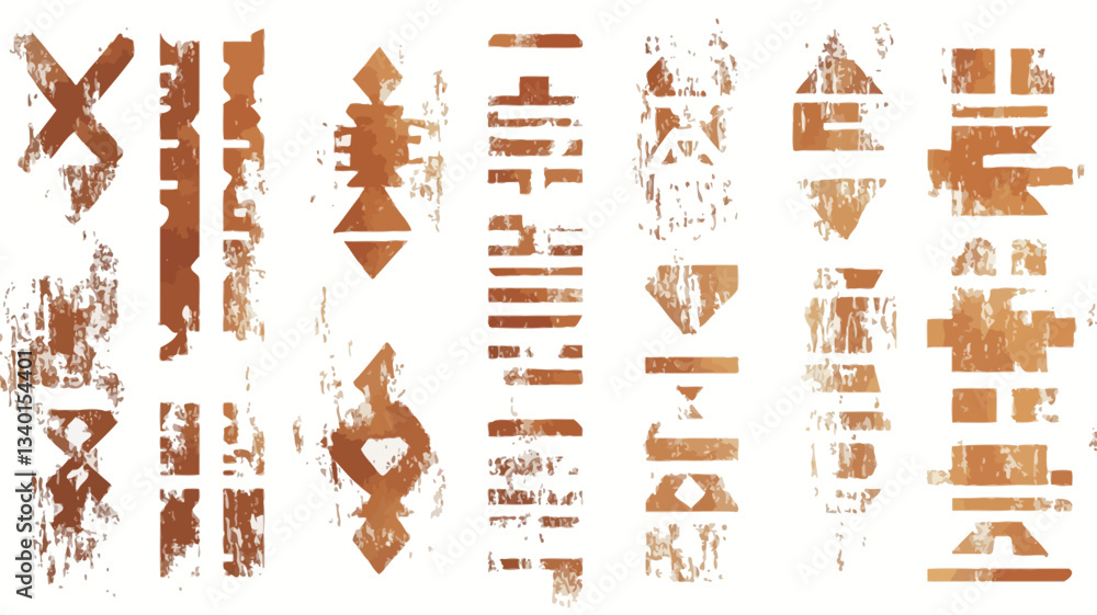 Fototapeta premium The image showcases a collection of various abstract geometric patterns. The patterns are primarily composed of vertical and horizontal lines, shapes, and symbols in shades of copper and gold. The