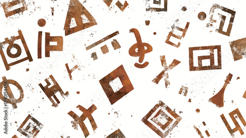 The image displays a seamless pattern of various abstract geometric shapes and symbols in shades of brown against a white background.  The shapes are irregular and have a slightly textured or
