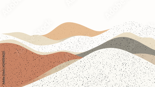 The image is a digital illustration depicting an abstract landscape.  It features several undulating hills or dunes rendered in various shades of beige, brown, cream, and grey. The style is