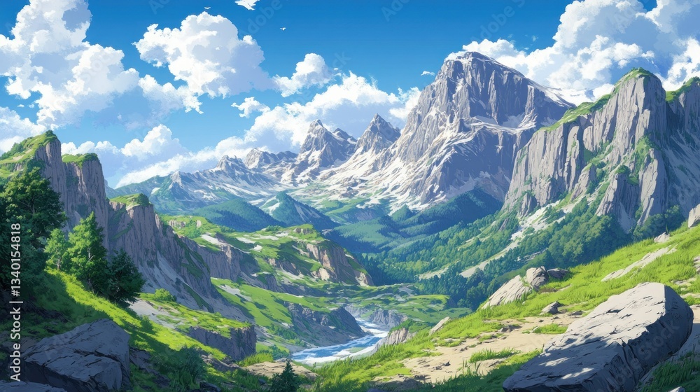 Fototapeta premium Alpine valley landscape under sunny sky