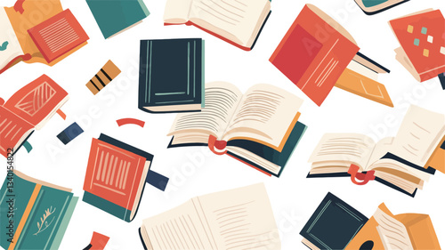 The image shows a repeating pattern of various books in different colors and orientations, appearing to fall or float against a white background.  Books are depicted in a stylized, illustrated