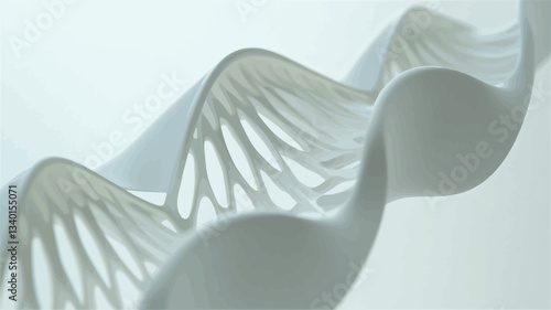 Close-up shot of a white, three-dimensional model of a DNA double helix. The model is rendered with a slightly translucent quality, revealing its intricate internal structure. The background is a