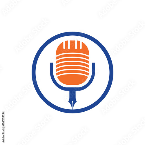 Pen microphone conference podcast radio logo design. Education podcast vector logo design.