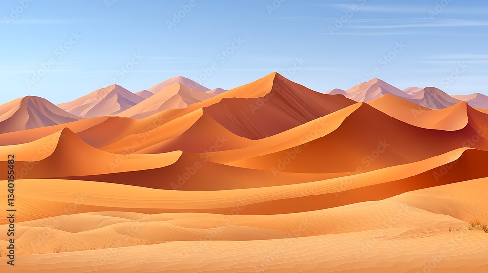 Naklejka premium A trendy isolated vector illustration of a flat design desert with rolling sand dunes under a bright blue sky.