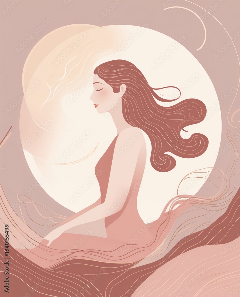 Abstract hand drawn art of a woman with celestial moon and flowing waves in pastel peach pink muted tones serene beauty Abstract Woman Illustration Flat Design Abstract hand drawn art of a woman with celestial moon and flowing waves in pastel peach pink muted tones serene beauty Abstract Woman Illustration Flat Design