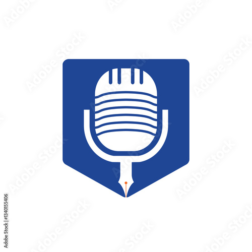 Pen microphone conference podcast radio logo design. Education podcast vector logo design.