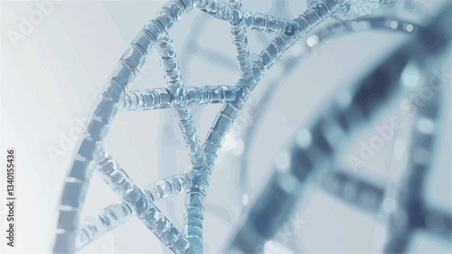 Close-up, abstract 3D rendering of a DNA double helix. The image is predominantly light blue and white, with a shallow depth of field creating a blurred background. The DNA strands are depicted as