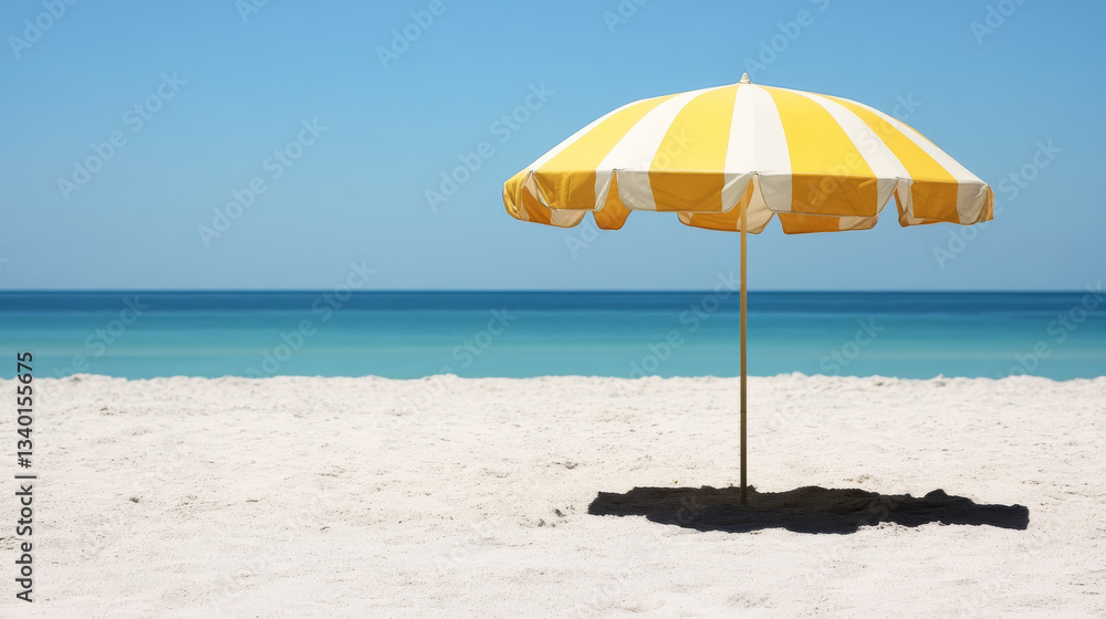 Bright yellow beach umbrella on sandy shore with calm ocean waves Bright yellow beach umbrella on sandy shore with calm ocean waves