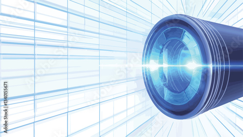 Close-up shot of a camera lens with a bright light flare emanating from the center. The lens is sharply in focus, while the background is a blurred abstract pattern of blue and white grid lines,