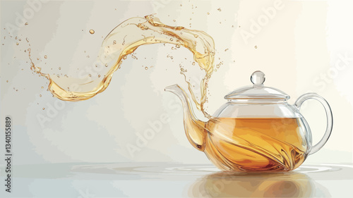A studio shot against a white background depicts a clear glass teapot with a curved body.  The teapot contains a light amber liquid, possibly tea, with visible tea leaves. A dynamic splash of the