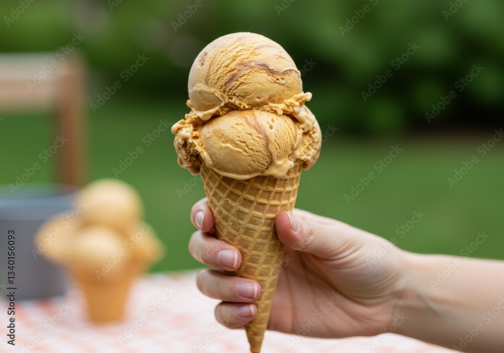 Double scoop caramel ice cream cone held in hand outdoors on a sunny day Double scoop caramel ice cream cone held in hand outdoors on a sunny day
