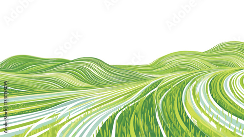 The image is a digital illustration depicting a stylized landscape.  The landscape features rolling hills rendered in shades of green, with lighter and darker variations creating a sense of depth