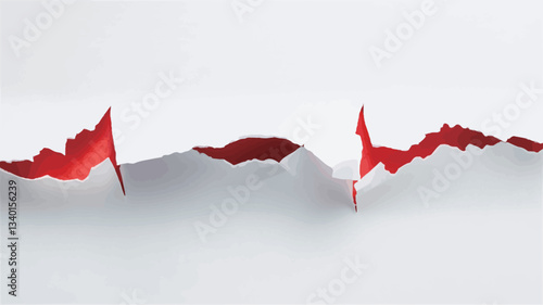 Close-up shot of a piece of white paper with irregular tears revealing a red underlay beneath. The tears are uneven and jagged, creating a textured and distressed look. The overall composition is