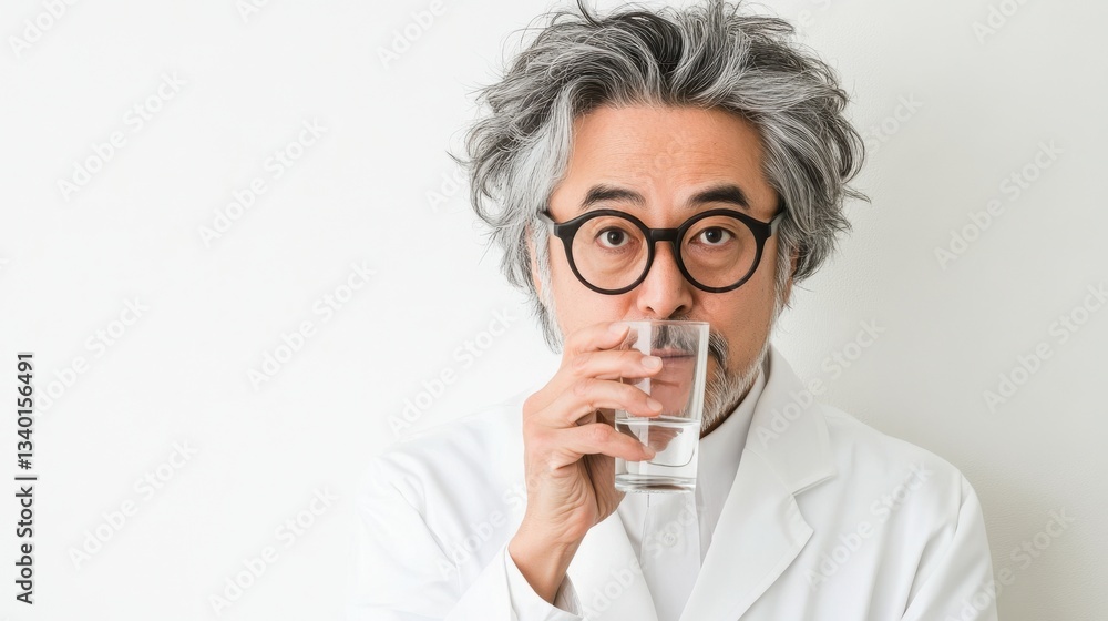 Thoughtful man in lab coat holding glass of water Thoughtful man in lab coat holding glass of water