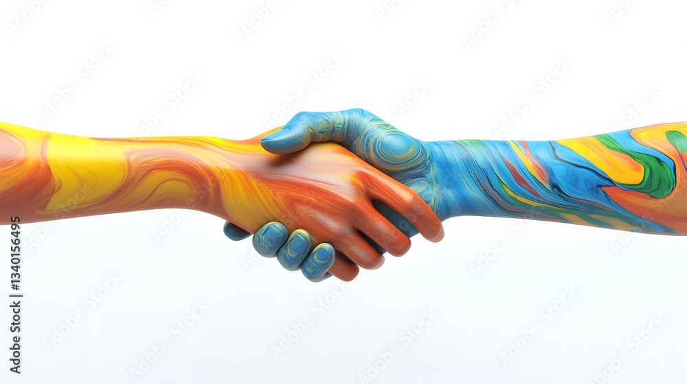 Painted hands reach across the divide in a colorful handshake