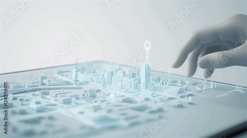 Close-up shot of two gloved hands interacting with a tablet displaying an abstract, glowing, three-dimensional data visualization. The visualization consists of bright, translucent, fragmented