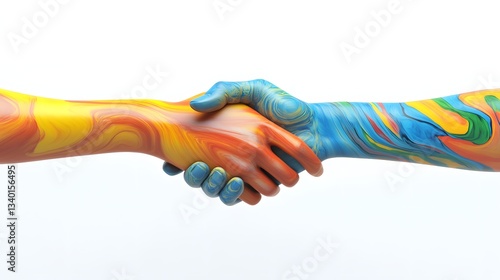 Obraz na płótnie Painted hands reach across the divide in a colorful handshake w salonie