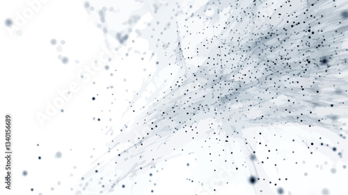 The image depicts a high-resolution abstract composition featuring a dispersion of small, dark grey particles against a bright white background.  The particles appear to be in motion, creating a
