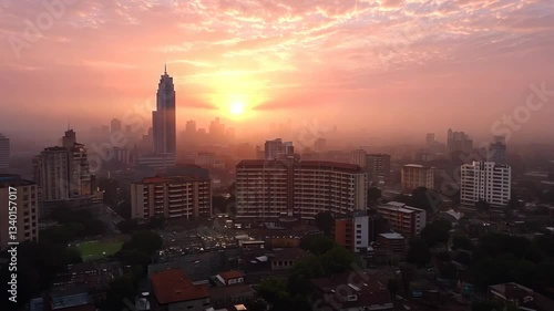 Beautiful sunset over a bustling city skyline with modern buildings and soft clouds illuminating the horizon in Nairobi