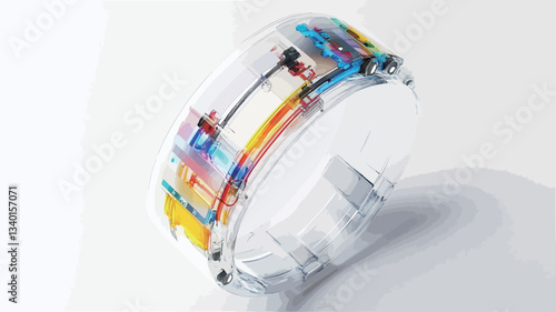 Close-up shot of a resin bracelet. The bracelet is transparent, showcasing embedded colorful elements creating an abstract pattern. The colors are vibrant and include shades of blue, orange,