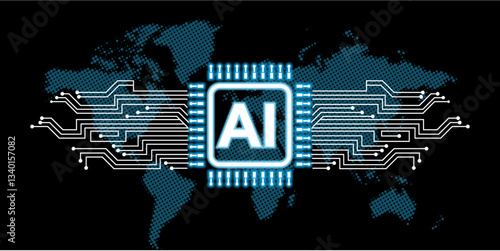 AI global network concept with a digital world map and circuit connections. Artificial intelligence and technology theme. Perfect for business, computing, and future innovation visuals.