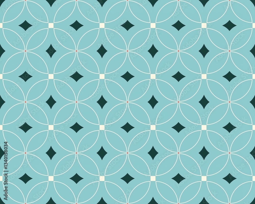 Fototapeta premium This design showcases an intricate, seamless geometric pattern with overlapping circles and diamond shapes on a soothing blue backdrop