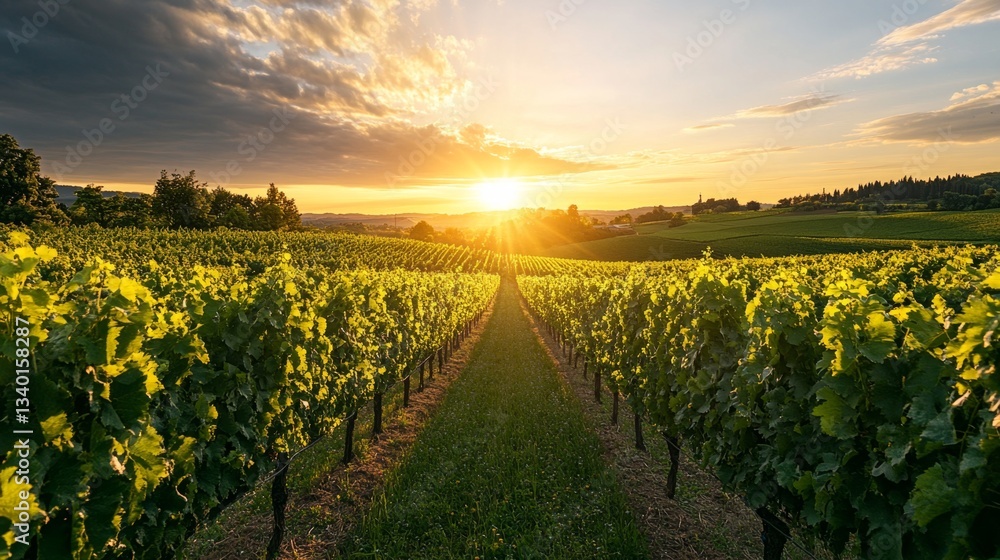 Naklejka premium Stunning Vineyard Landscape at Sunset with Golden Sun Rays