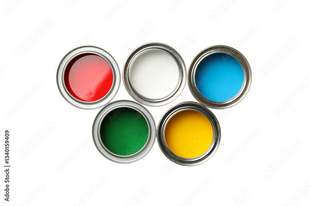 PNG, Paint, cans of colored paint, top view, isolated on white background