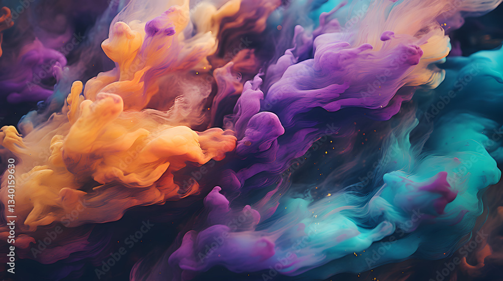 Fototapeta premium Vibrant colors of paint swirling together to represent the dynamics of galaxies in motion creating an artistic interpretation of cosmic movement.