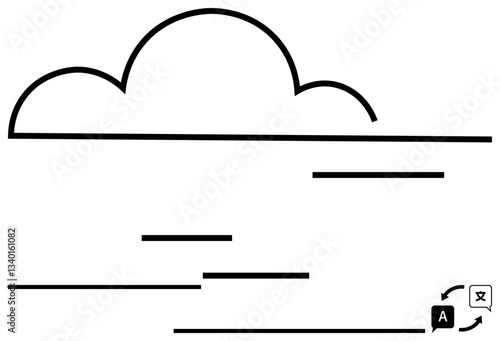 Cloud over horizontal lines symbolizing data or text storage, with translation icons. Ideal for data sharing, cloud storage, translation tools, global connectivity, communication, technology