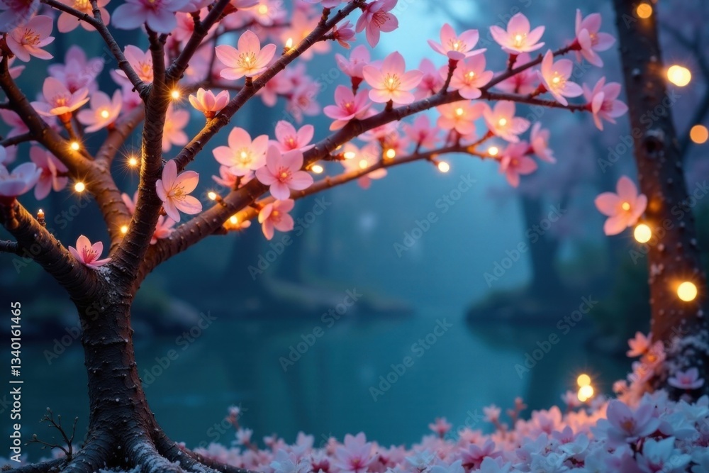 Fototapeta premium Whimsical tree branches adorned with delicate flowers and sparkling fairy lights, fairy lights, flowers